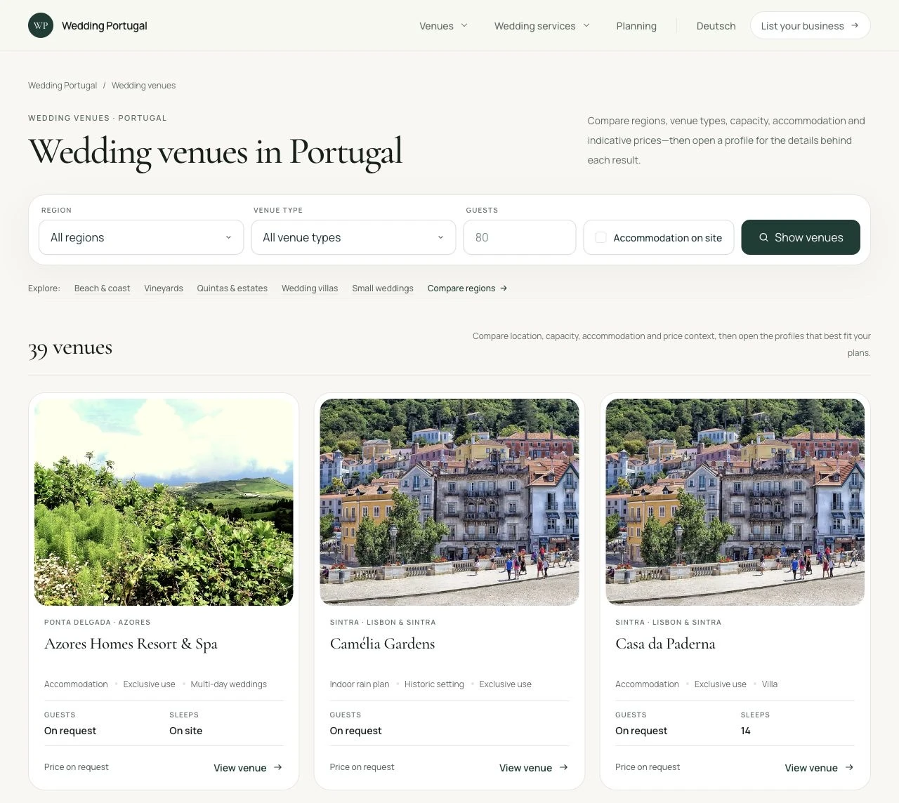 Wedding Portugal: Location-Verzeichnis mit Suchfiltern und vergleichbaren Profilangaben