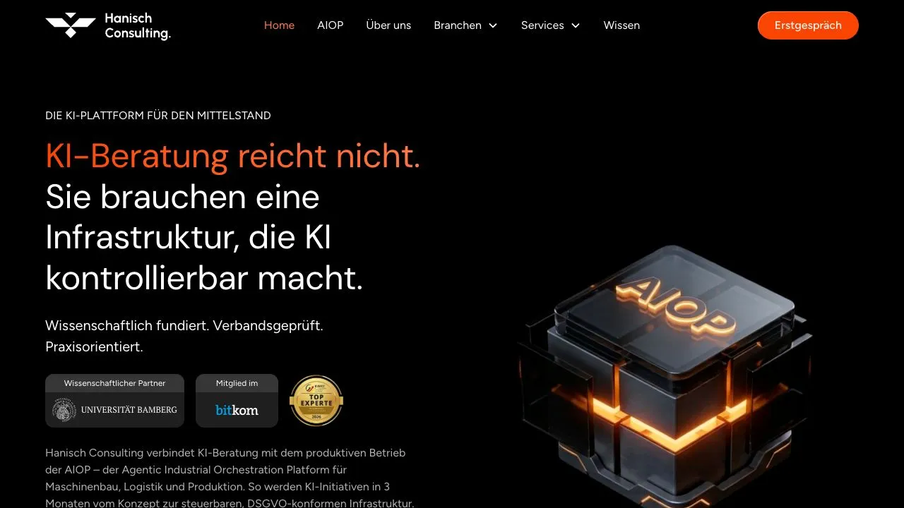 Die Hanisch-Consulting-Website mit KI-Beratung und Plattformangebot
