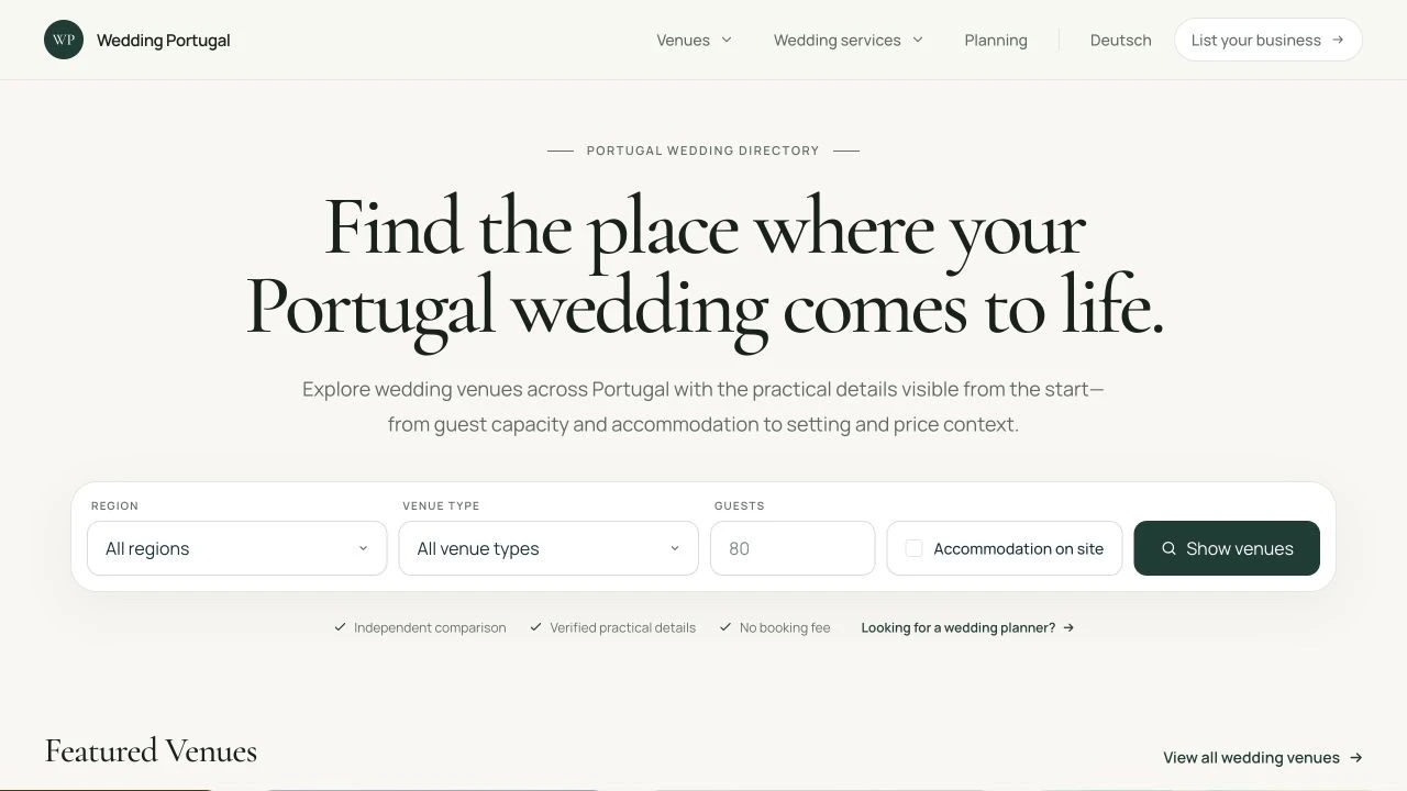Wedding Portugal: Startseite mit Location-Suche nach Region, Typ, Gästezahl und Unterkunft