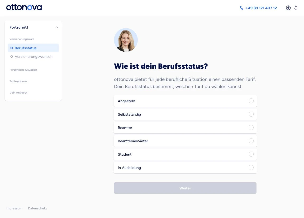 Öffentlicher ottonova-Beitragsrechner: erster Schritt Berufsstatus mit sichtbarer Prozessübersicht, ohne eingegebene Angaben