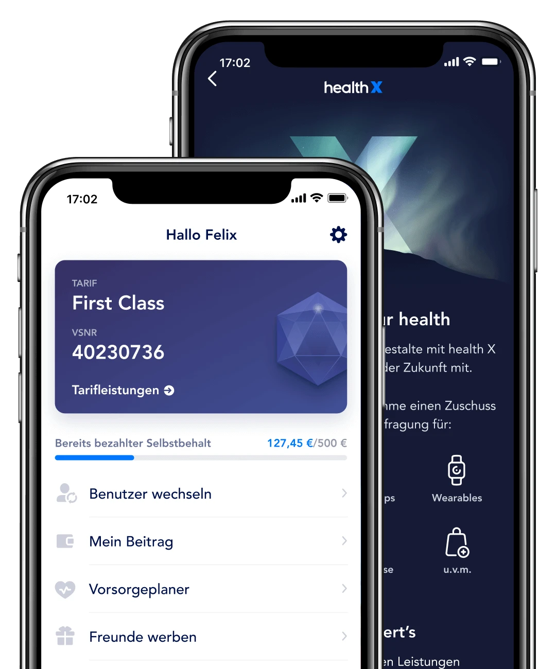 Historische ottonova-App mit Tarifübersicht und health X auf zwei Smartphones