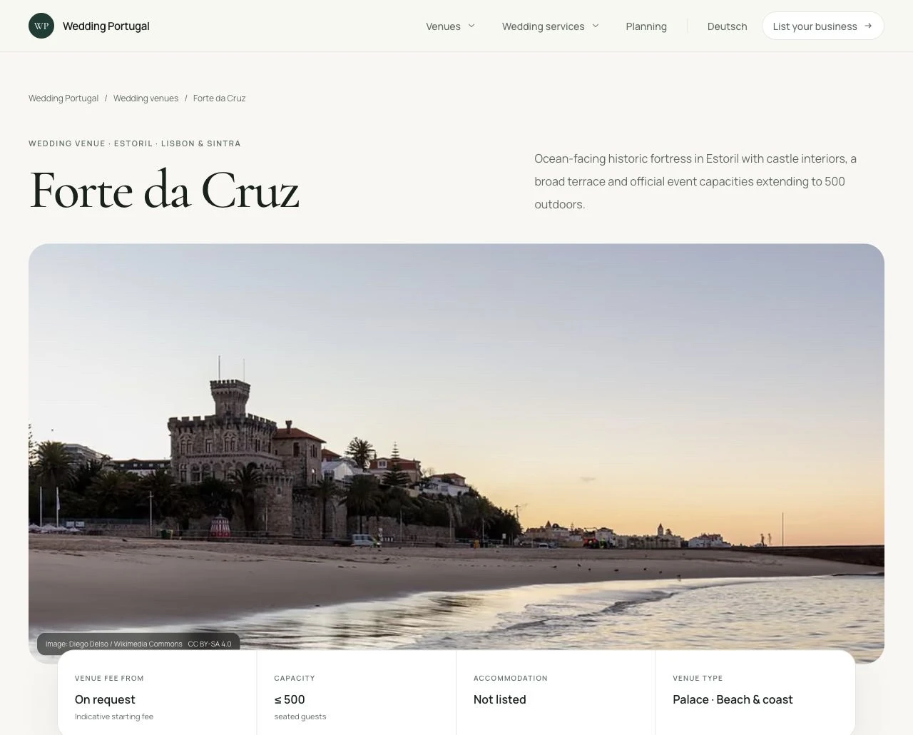 Wedding Portugal: Profil von Forte da Cruz mit Bild, Kapazität und praktischen Angaben